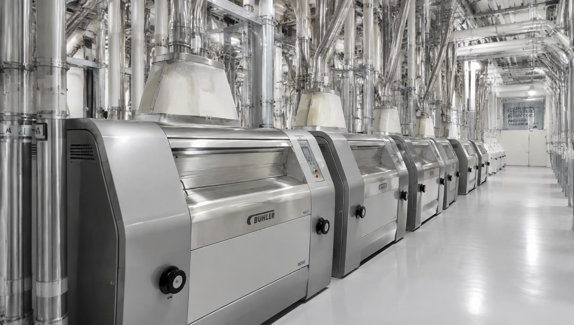 Industrial flour milling plant with roller mills and pneumatic piping